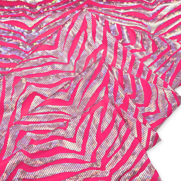 Tela Licra Holográfica 60", Estampado de Zebra Rosa y Plateado - 1 yarda