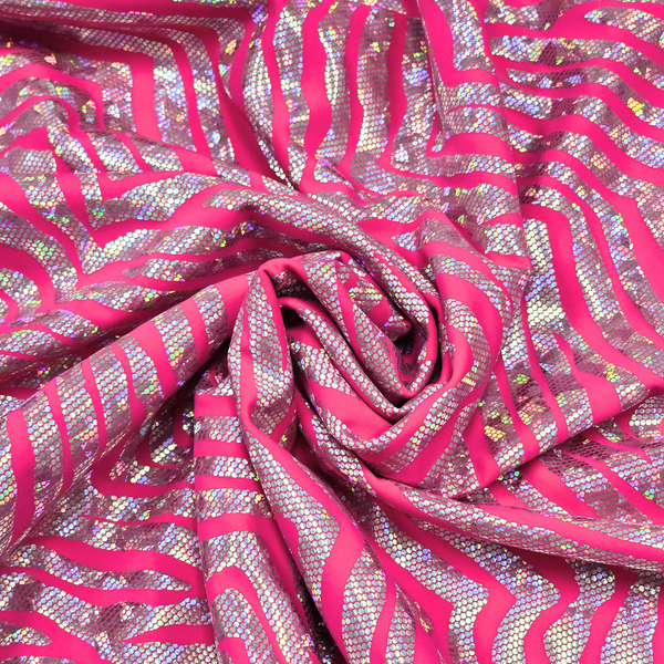 Tela Licra Holográfica 60", Estampado de Zebra Rosa y Plateado - 1 yarda