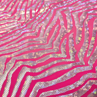 Tela Licra Holográfica 60", Estampado de Zebra Rosa y Plateado - 1 yarda