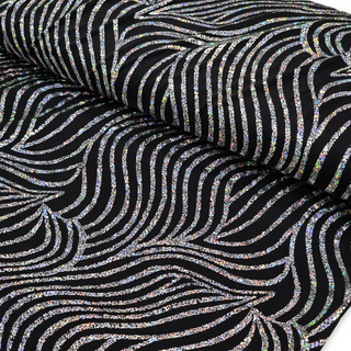 Tela Licra Holográfica 60", Estampado Ondulado Negro y Plateado - 1 yarda