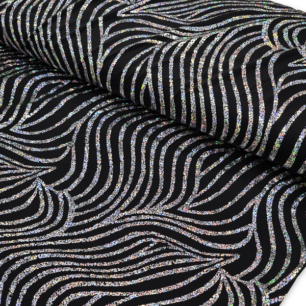 Tela Licra Holográfica 60", Estampado Ondulado Negro y Plateado - 1 yarda