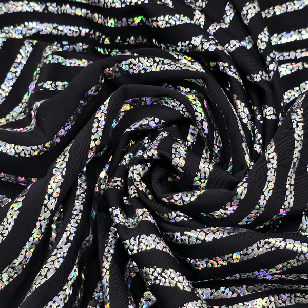 Tela Licra Holográfica 60", Estampado Ondulado Negro y Plateado - 1 yarda