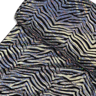 Tela Licra Holográfica 60", Estampado de Zebra Nergro y Plateado - 1 yarda