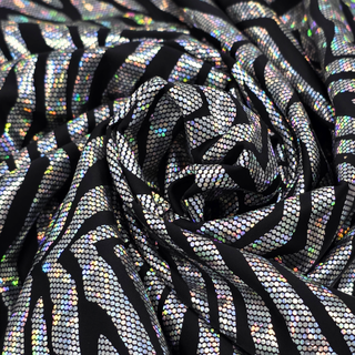 Tela Licra Holográfica 60", Estampado de Zebra Nergro y Plateado - 1 yarda