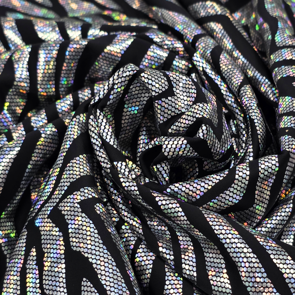 Tela Licra Holográfica 60", Estampado de Zebra Nergro y Plateado - 1 yarda