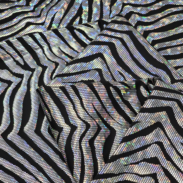 Tela Licra Holográfica 60", Estampado de Zebra Nergro y Plateado - 1 yarda
