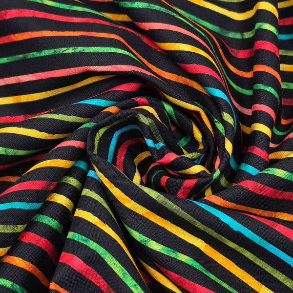 Tela Estampada de 100% Algodón 44/45" Líneas Coloridas, Negro - 1 yarda