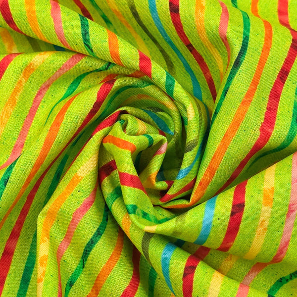 Tela Estampada de 100% Algodón 44/45" Líneas Coloridas, Verde - 1 yarda