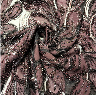 Tela Tulle de Encaje Bordada 65”, Vino / Negro - 1 yarda