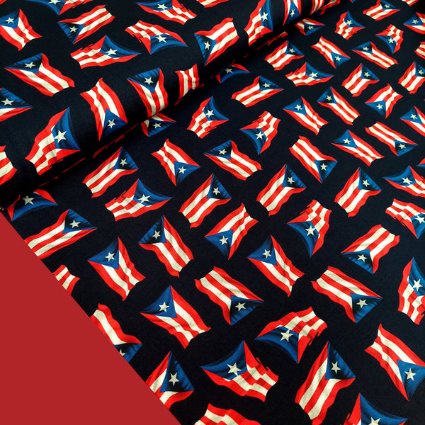 Orgullo Boricua - Tela de Bandera de Puerto Rico - Cotton Puerto Rico Fabric / 100% Algodón, Color Negro, 44/45" Ancho