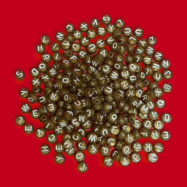Gold Alphabet Beads / White Letters; 28 grams