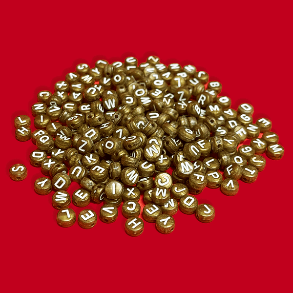 Gold Alphabet Beads / White Letters; 28 grams