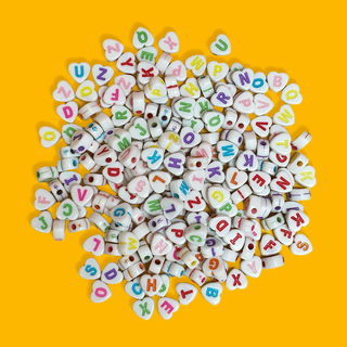 White Hearts with Multicolor Alphabet Beads; 28 grams