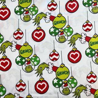 100% Cotton Print Fabric, 44/45" Grinch Ornaments - White