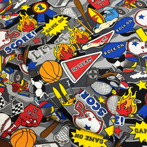 100% Cotton Print Fabric, 44/45" Wide, Game Things, Gray