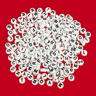 White Alphabet Beads /  Black Letters; 28 grams