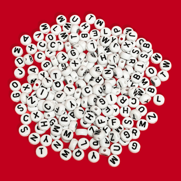 White Alphabet Beads /  Black Letters; 28 grams