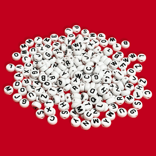 White Alphabet Beads /  Black Letters; 28 grams