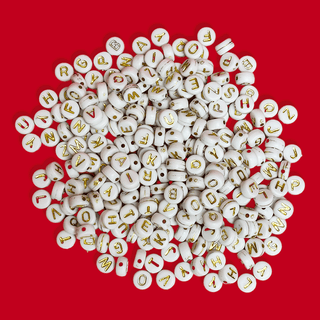 White Alphabet Beads / Gold Letters; 28 grams