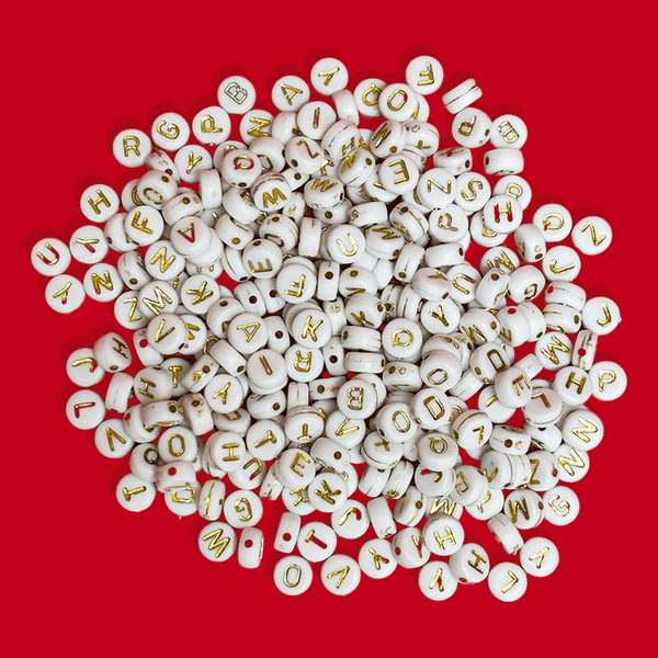 White Alphabet Beads / Gold Letters; 28 grams