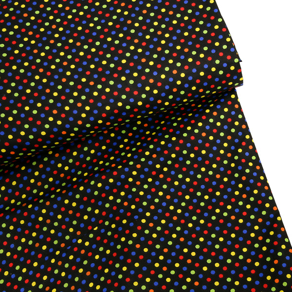 Black Background with Multicolored Polka Dots Fabric- 100% Cotton Print Fabric, 44/45" Wide
