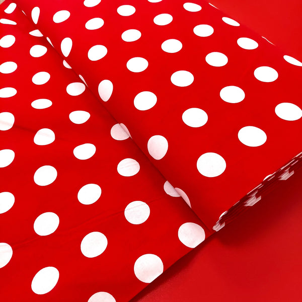 Tela de Algodón 100% Estampado de Lunares 1”, 58” - Rojo y Blanco