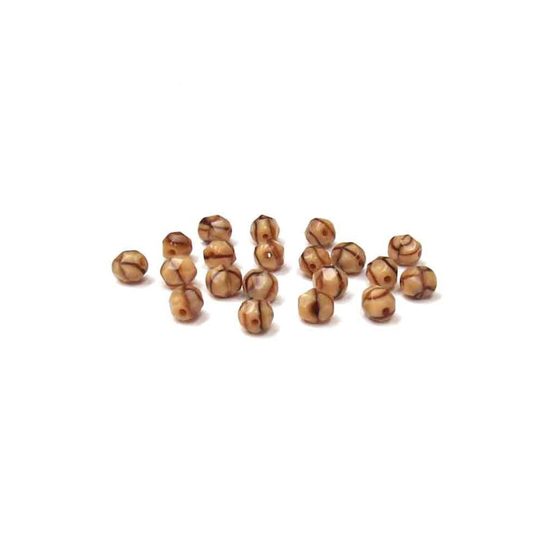 Cream Opaque with Brown Stripes, Round Faceted Fire Polished; 6mm - 20 pcs