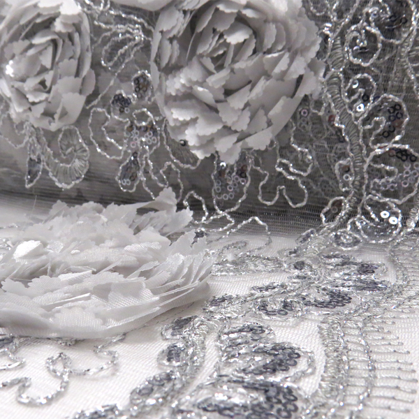 Silver, Sequins Polyester Wedding Tablecloth Fabric - 50" wide; 1 Yard