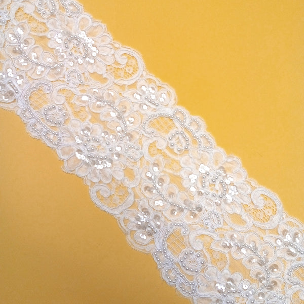 French Alençon Lace with Mixed Round Pearls and Sequins - Aprox. 5.5" Wide