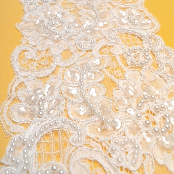 French Alençon Lace with Mixed Round Pearls and Sequins - Aprox. 5.5" Wide