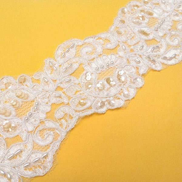 French Alençon Lace with Round Pearls, Rice Pearls, and Sequins - Aprox 3.5" Wide