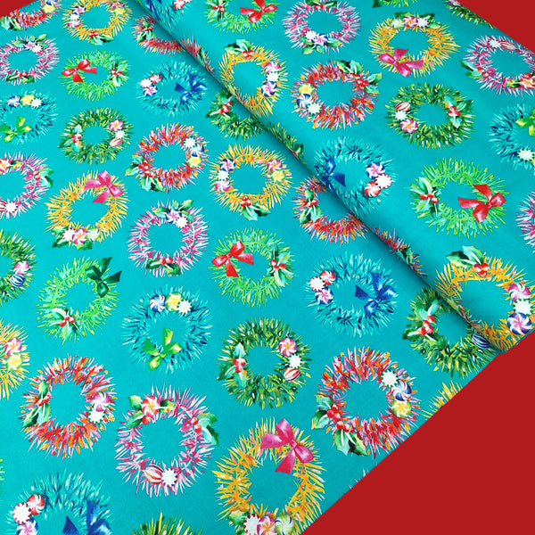 Garlands - Teal - Christmas Fabric- 100% Cotton Print Fabric, 44/45" Wide