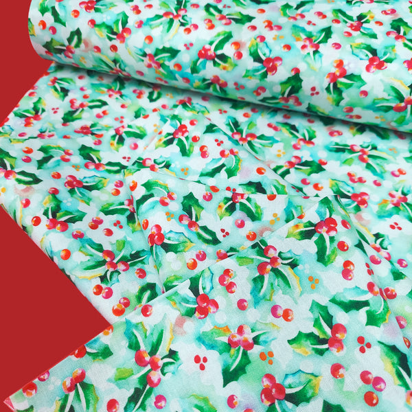 Holly Bush - Christmas Fabric- 100% Cotton Print Fabric, 44/45" Wide
