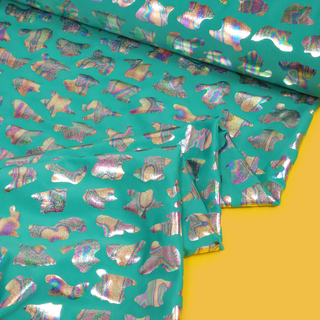 Holographic Cow Print, Teal, Lycra Fabric - 60" Wide
