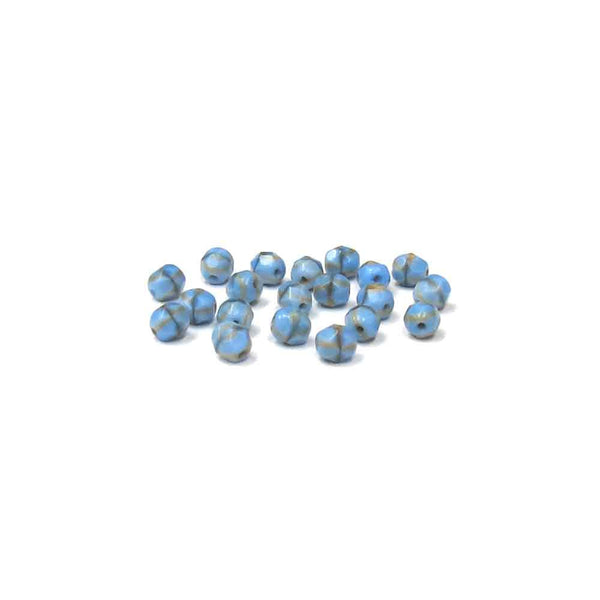 Light Blue with Cream Stripes, Round Faceted Fire Polished; 6mm - 20 pcs