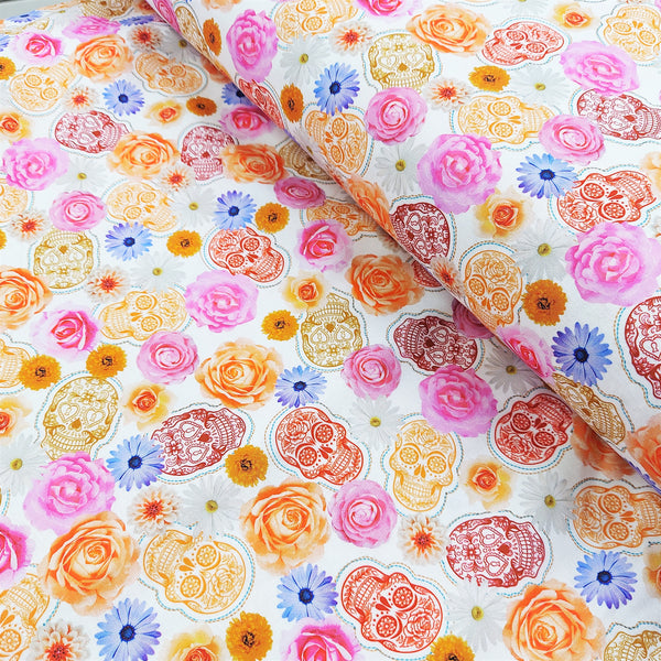 Skulls and Flowers Fabric- White - 100% Cotton Print Fabric, 44/45" Wide