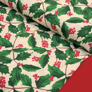 Ramas de Acebo de Navidad - Poly/Cotton Print Fabric, 58" Wide