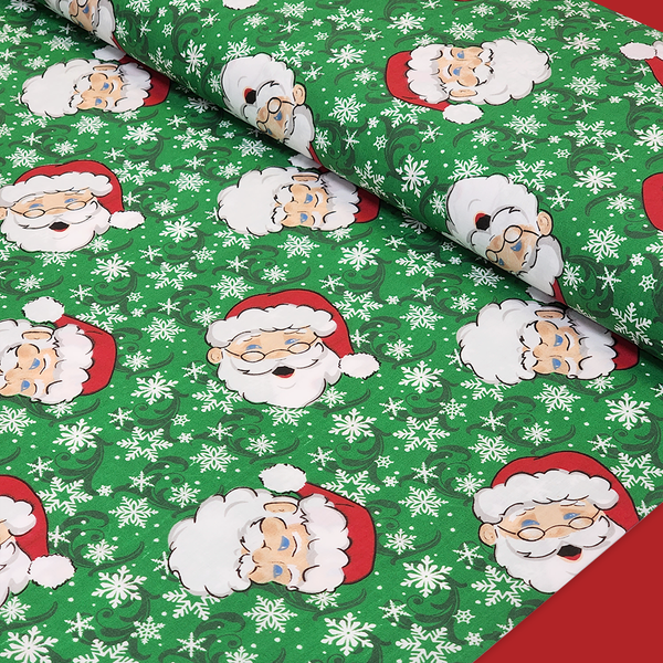 Santa Claus - Tela de Navidad Verde - Poly/Cotton Print Fabric, 58" Wide