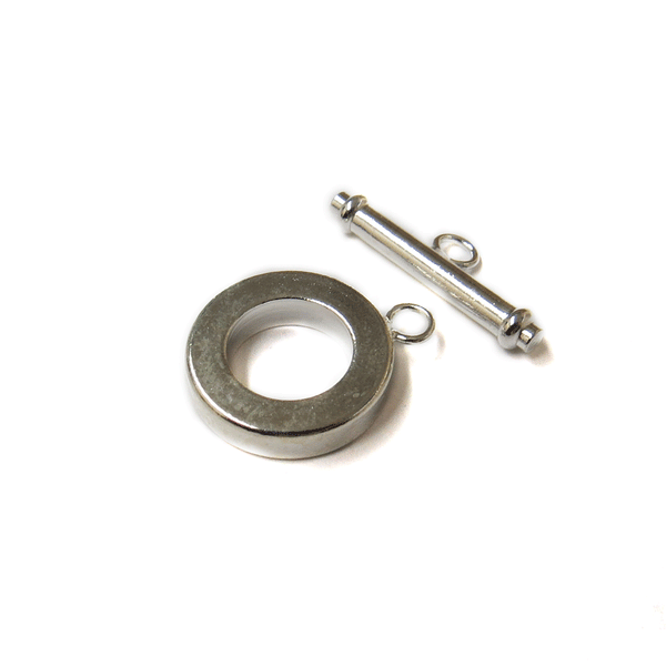 Toggle Clasp, Smooth Round, Silver Plated Brass-15mm; 3pcs