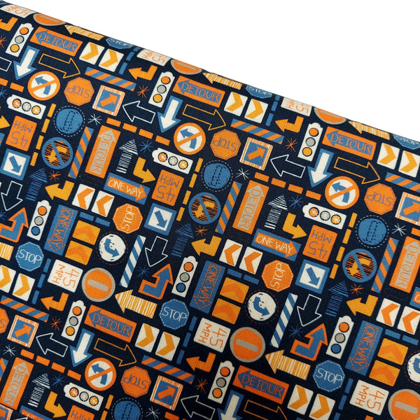 Traffic Signs - Blue & Orange - 100% Cotton Print Fabric, 44/45" Wide