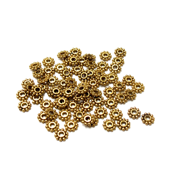 Daisy Spacer Beads, Antique Gold, 7mm; 100 pieces